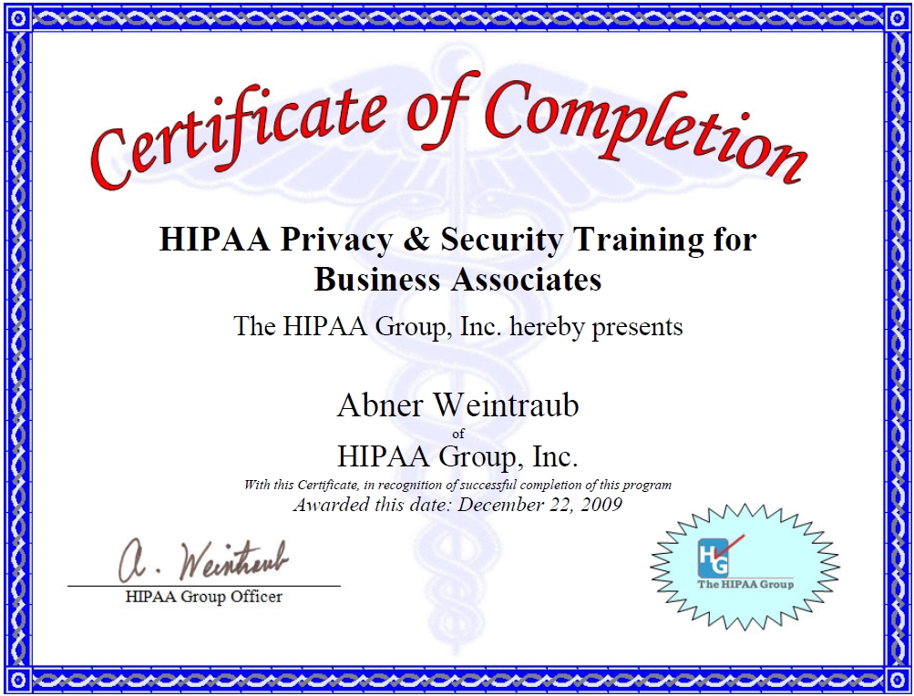 Free Printable Training Hipaa Training Certificate Template